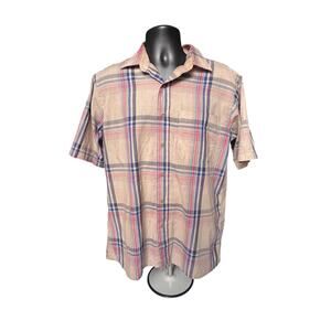 Vintage Plaid Short Sleeve Button-Down Shirt Tan Red Blue L 1990s